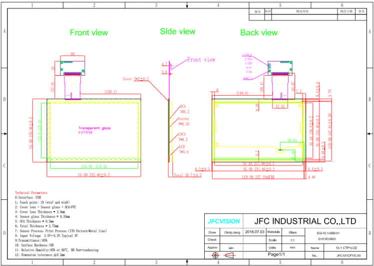 Mechanical Drawings of 10.1 inch Touch Screen Module