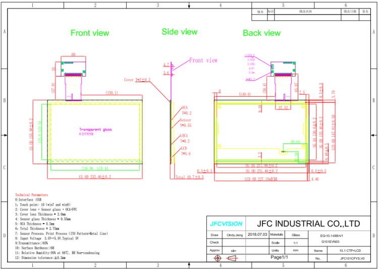 Mechanical Drawings of 10 capacitive touch screen