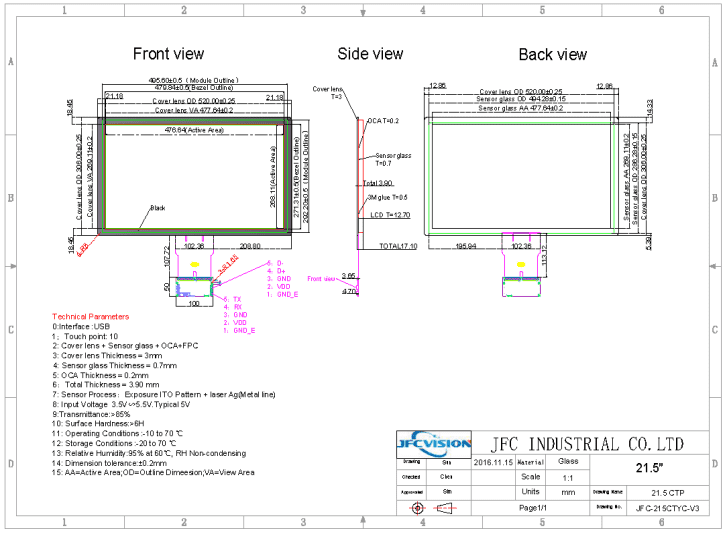 Mechanical Drawings Of 21.5 inch USB Capacitive Touch Screen