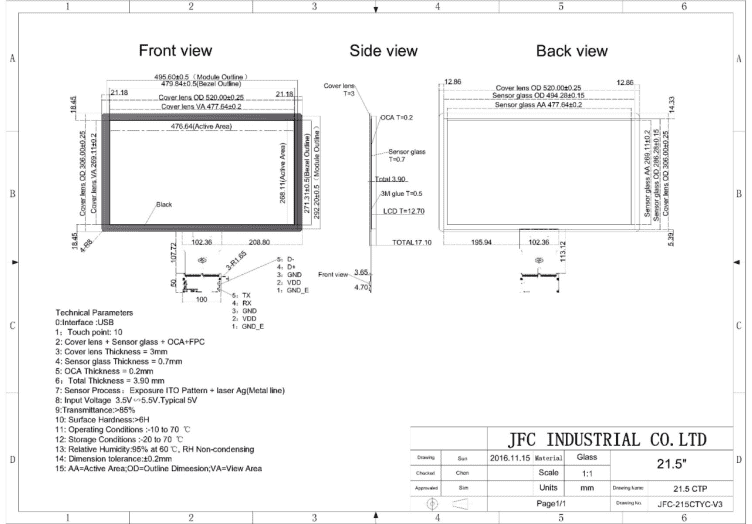 Mechanical Drawings of 21.5 inch Touch Screen Panel
