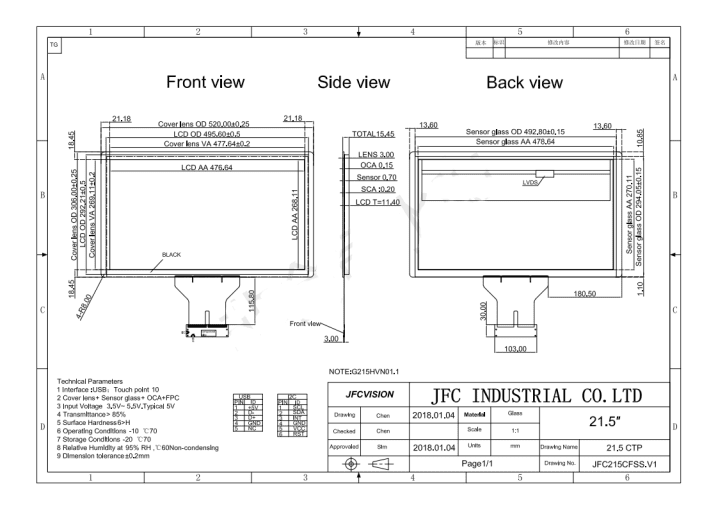 Mechanical Drawings of 10 Point Capacitive Touch Screen