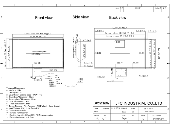 Mechanical Drawings of PCAP touch screen