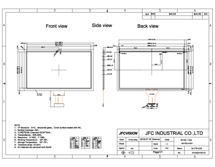 Mechanical Drawings of 10 point capacitive touch screen